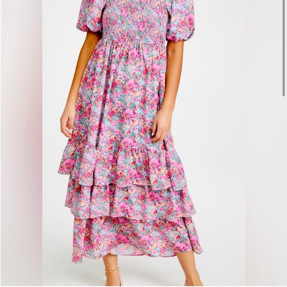 English Factory Pink and Blue Puff Sleeve Maxi Dress